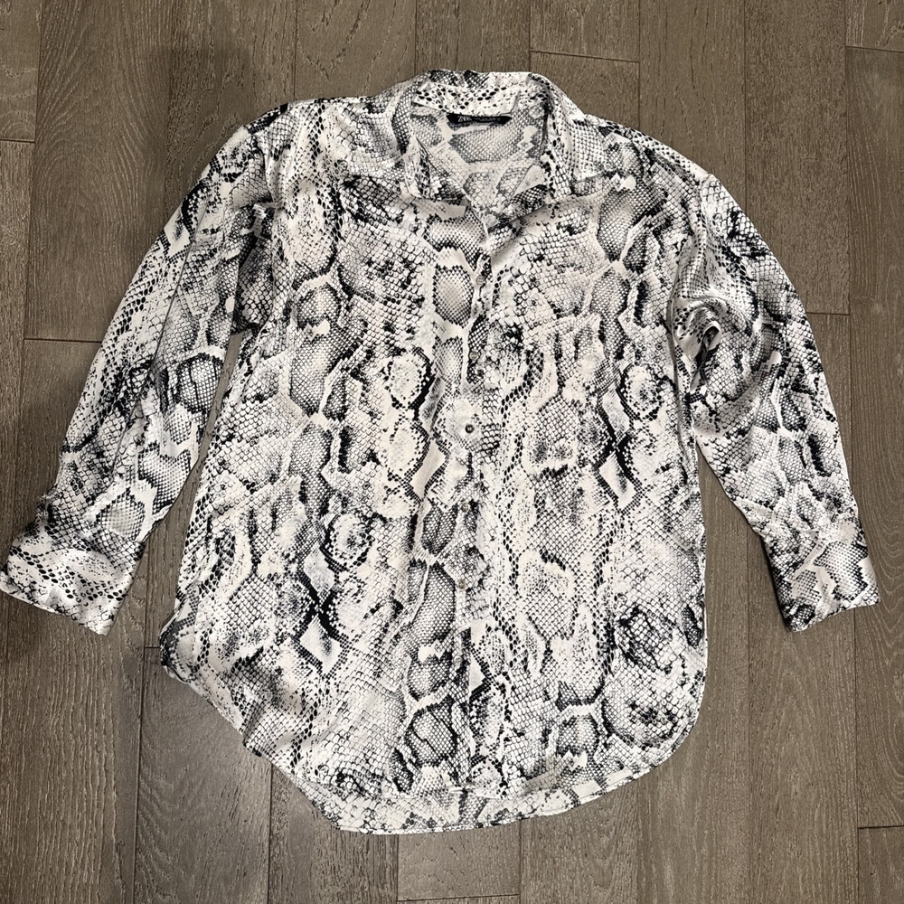 Zara Top Womens Size Small Snake Print Sheer Button Front Shirt Longsleeve